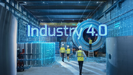 Futuristic Technology Concept: Team of Engineers and Professionals Workers in Heavy Industry...