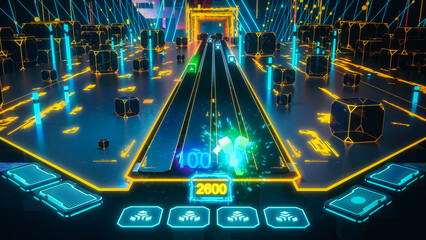 Advanced 3D Edit: Action Virtual Arcade Video Game, Shooting Cubes in Cyberspace and Scoring Points. Colorful Immersive Fun for Skilled and Intelligent Players. Entertainment with Creative Design © Gorodenkoff