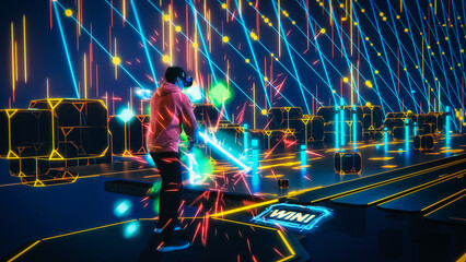 Fototapeta na wymiar Futuristc 3D Edit: Player Wearing Virtual Reality Headset Plays Augmented Reality Action Video Game, Fighting Cubes with Laser Swords, Scoring Points. Colorful Immersive Futuristic Fun