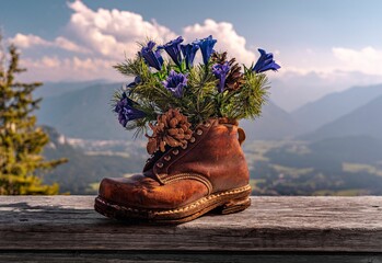 Aged leather boot filled with a bright bouquet of blue flowers, atop a weathered wooden surface