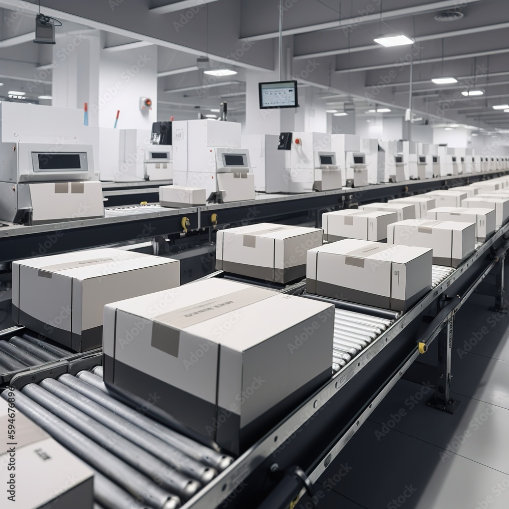 Poster boxes on automated scanning line for shipping. generative ai