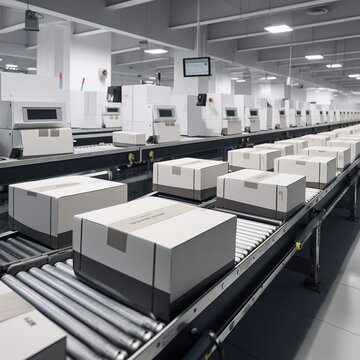 Boxes on automated scanning line for shipping. generative ai