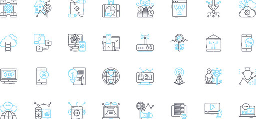 Search engine linear icons set. Google, Bing, Yahoo, DuckDuckGo, Ranking, Algorithm, Index line vector and concept signs. Optimization,Keywords,SERP outline illustrations - obrazy, fototapety, plakaty