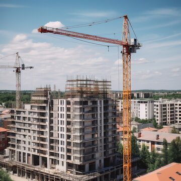 Crane on a new residential area construction site. generative ai