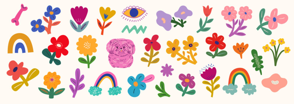Colourful cartoon vector collection with cute dog, flowers and bouquets. 
