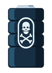 Toxic chemical barrel. Steel tank with dangerous waste. Container with skull and cross bones icon in flat style. Dangerous substance. Storage of components