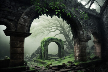 Fototapeta na wymiar Mystery ancient civilization stone temple ruins in mist. Generative AI illustration