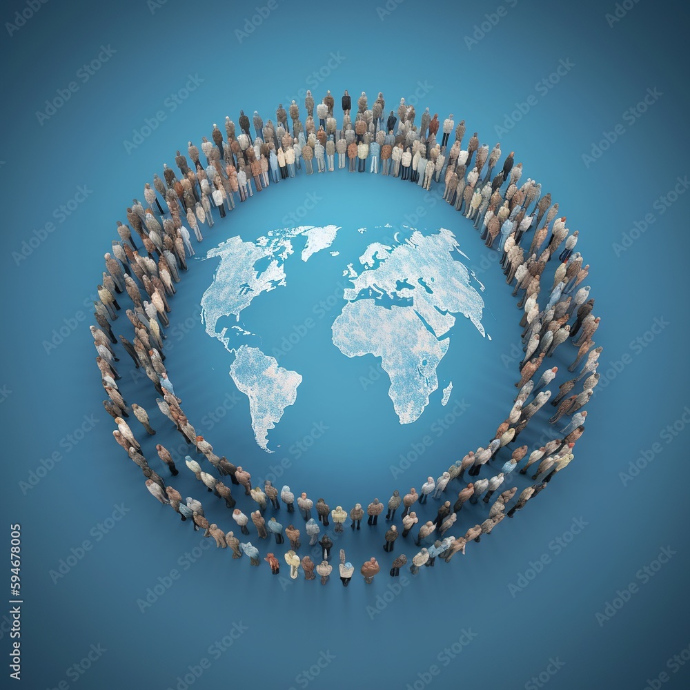 Poster multiracial group of individuals creating a circle on a blue background globe map in a digitally mad
