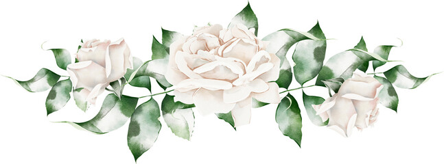 Border white roses, green leaves wedding watercolor illustration. Horizontal flower arrangement design