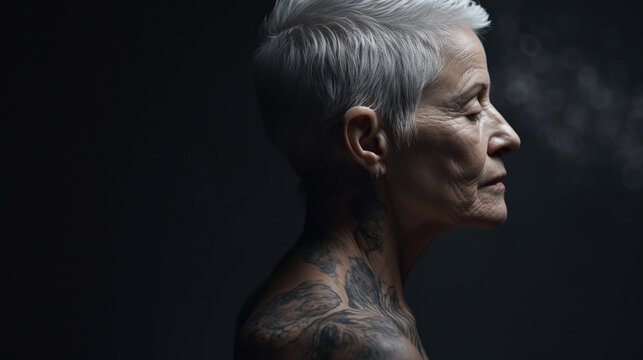 Senhora grisalha de perfil