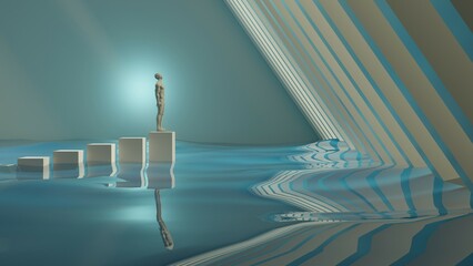figure of a man above water in an abstract white room, 3d background
