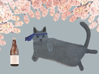 春お酒ラベルベージュグレー猫_横