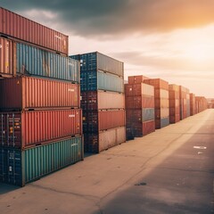 Fototapeta premium Container Cargo Port Ship Yard Storage Handling of Logistic Transportation Industry. Row of Stacking Containers of Freight Import/Export Distribution Warehouse. generative ai