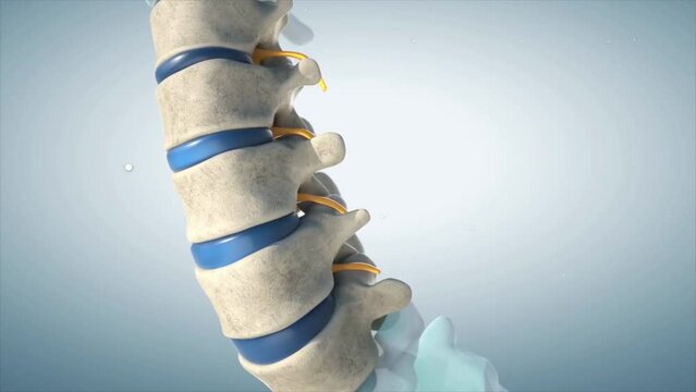 3D animation of a human lumbar spine demonstrating herniated disc, pressure nerve root causing back pain