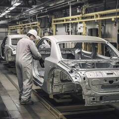 Workers on car production line in car factory. generative ai