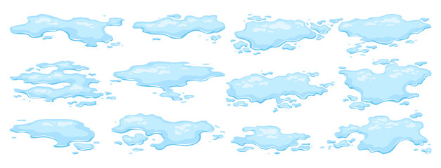 Water spill puddles set. Blue liquid various shape in flat cartoon style. Clean fluid drop design elements isolted on white background
