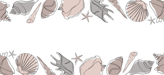 Seashells seamless banner. One line drawing of a shell. Hand drawn marine illustrations of seashells. Summer tropical ocean beach style. Seashells set on an abstract background.