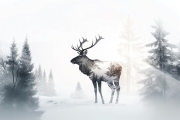 Double exposure of reindeer and winter forest. Christmas holiday. Generative AI