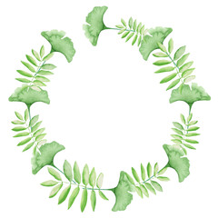 Watercolor frame - illustration with green leaves and branches and flowers elements, for wedding stationery, congratulations, wallpapers, and more on white background.