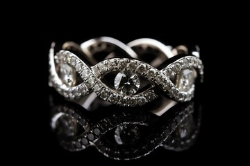 Interwoven Solitaire Diamond Engagement And Eternity Wedding Band On Black Background. Generative AI