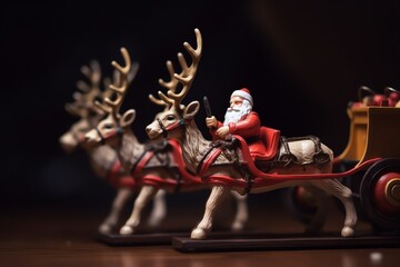 Fototapeta na wymiar Santa riding reindeer sleigh, toy. Christmas holiday. Generative AI