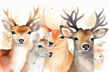 Watercolor Christmas reindeer faces on white background. Christmas holiday. Generative AI
