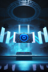 Interior of a Futuristic Cyberpunk Nightclub Illustration, Neon Lights, Empty Futuristic Disco Club, Generative AI