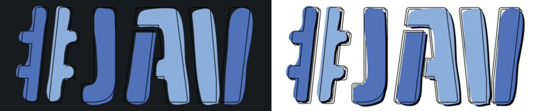JAV Hashtag. Isolate curves doodle letters. Set 2 in 1. Blue colors. Popular Hashtag #JAV for japanese video web resources, mobile apps, games. Stock vector picture.