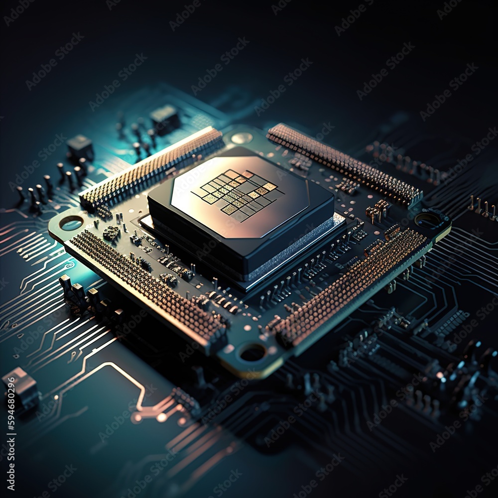 Poster processor chip, tech environment, blockchain concept. generative ai