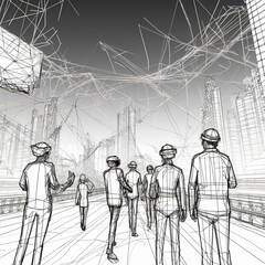 Futuristic city VR wire frame with group of people. generative ai