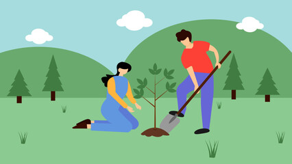 Vector illustration of a family planting trees in the park. Flat style.