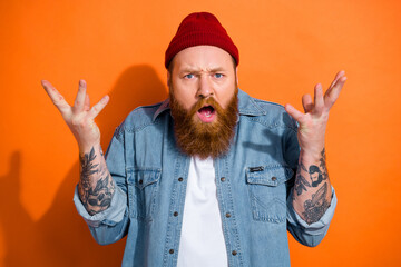 Photo of funny young man brutal unsatisfied aggressive dont like argue ask his wife where money...
