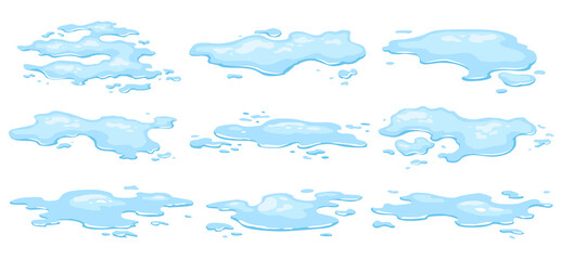 Water spill puddles set. Blue liquid various shape in flat cartoon style. Clean fluid drop design elements isolted on white background