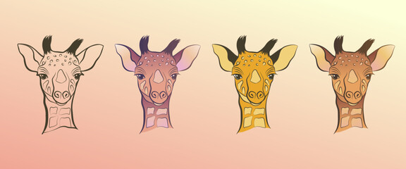 Cute giraffes Flat design. Vector illustration. Cute head giraffes. Line drawing giraffe.