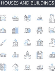 Houses and buildings line icons collection. Dwellings, Residences, Structures, Edifices, Condominiums, Apartments, Mansions vector and linear illustration. Villas,Homesteads,Bungalows outline signs
