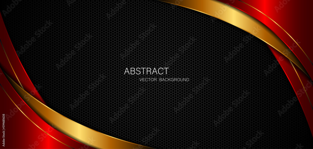Poster abstract red and golden curves with golden lines on dark steel mesh background. with free space for 