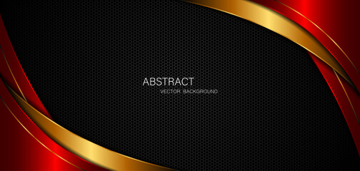 Abstract red and golden curves with golden lines on dark steel mesh background. with free space for design. modern technology innovation concept background

