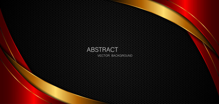 Abstract red and golden curves with golden lines on dark steel mesh background. with free space for design. modern technology innovation concept background
