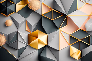 Abstract 3d geometric background with gold, silver and black elements. Illustration. ai generative.