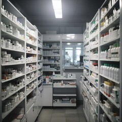 Medicines arranged in shelves at pharmacy. generative ai