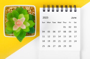 The June 2023 Monthly desk calendar for 2023 year with small tree on yellow background.