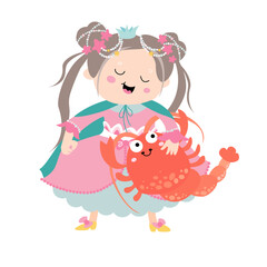 Zodiac signs cute illustration flat.
little princess like Cancer astrological sign.
Colorful vector baby illustration isolated on white background. Astrological symbol as a cartoon character.