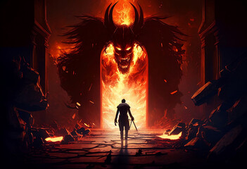 A hero faces a demon in the underworld; AI-generated.