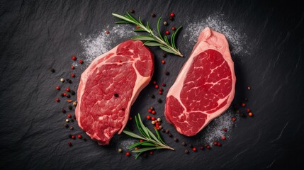 Fototapeta na wymiar Meat Lover's Delight: Raw Steak on Slate - Two Raw Steaks on Dark Shale Rock