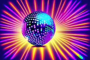 Obraz premium Neon illuminated disco ball with glowing rays. Music and dance night party background. - generative ai