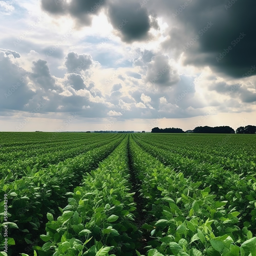 Poster View of soybean farm agricultural field against sky. generative ai