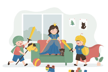 Funny preschool children play fairy tale characters. Cute boys is dressed as knights, girl is dressed as beautiful princess. Imagination, kids play, happy childhood. Team game