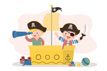 Funny boys playing pirates. Cute children sitting in cardboard box like in pirate ship. Preschooler boys dressed as pirates. Little sailors, kids game, imagination. Entertainment