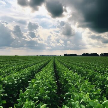 View of soybean farm agricultural field against sky. generative ai