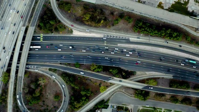 Aerial video of the cars on the road during traffic, LA, California, USA